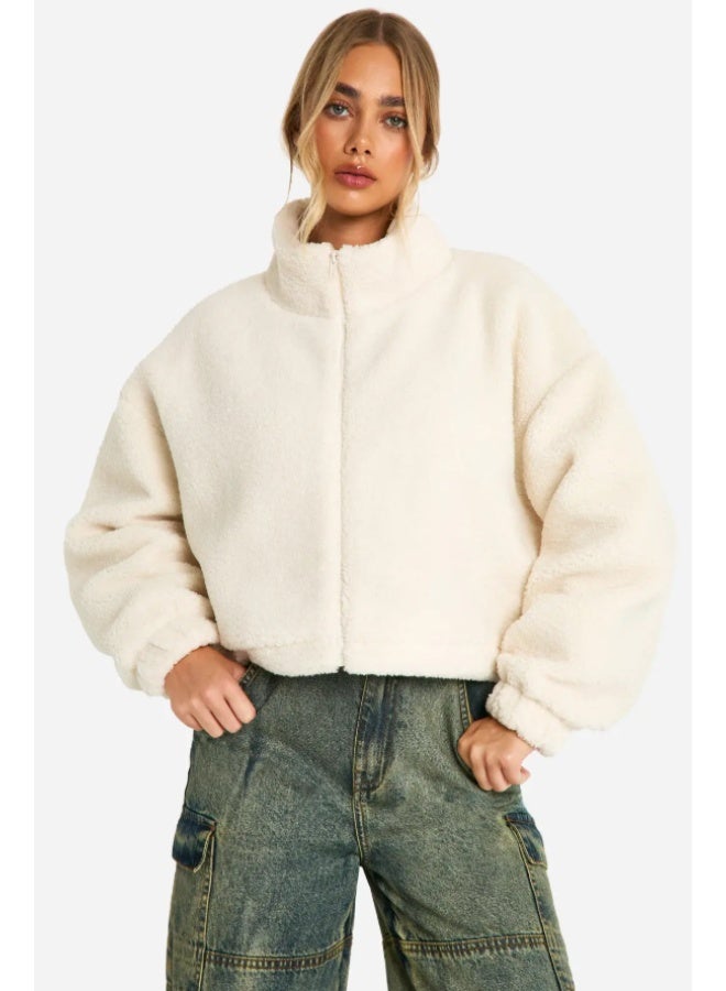 جاكيت تيدي للنساء، فرو صناعي ابيض كريمي، طول قصير، رقبة عالية، ملابس خارجية كاجوال شتوية - Image 2